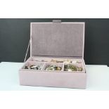 Jewellery box with contents, to include rolled gold, mop watch, rings, pearls with silver clasp etc