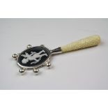 Silver Baby's Rattle with bone handle and Wedgwood style plaque