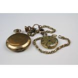 A full hunter pocket watch with Waltham Mass movement in a yellow metal case with albert chain and