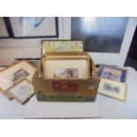 A group of framed pictures to include N H Long donkey and figures by a cottage framed.