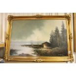 Oil Painting on Canvas of Landscape Scene, indistinctly signed, 60cms x 90cms, gilt framed