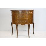 French Kingwood Demi-Lune Side Cabinet with parquetry inlay, the pink marble top over an arrangement