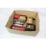 Box of mixed collectables to include a small collection of coins, playing cards, cribbage boards and