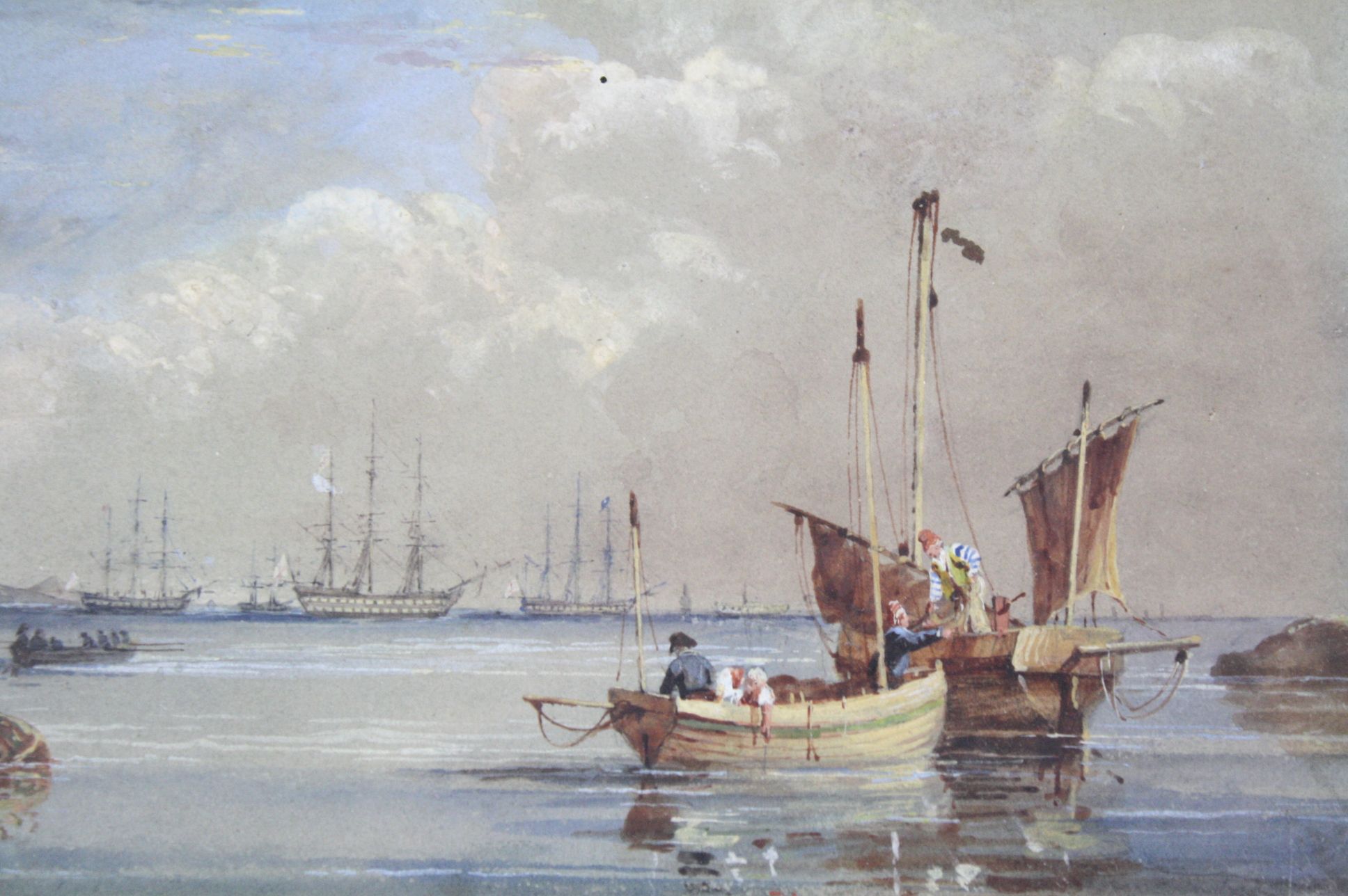 Early 19th Century English School, Unloading the catch with men-of-war in the distance, Watercolour, - Image 3 of 4