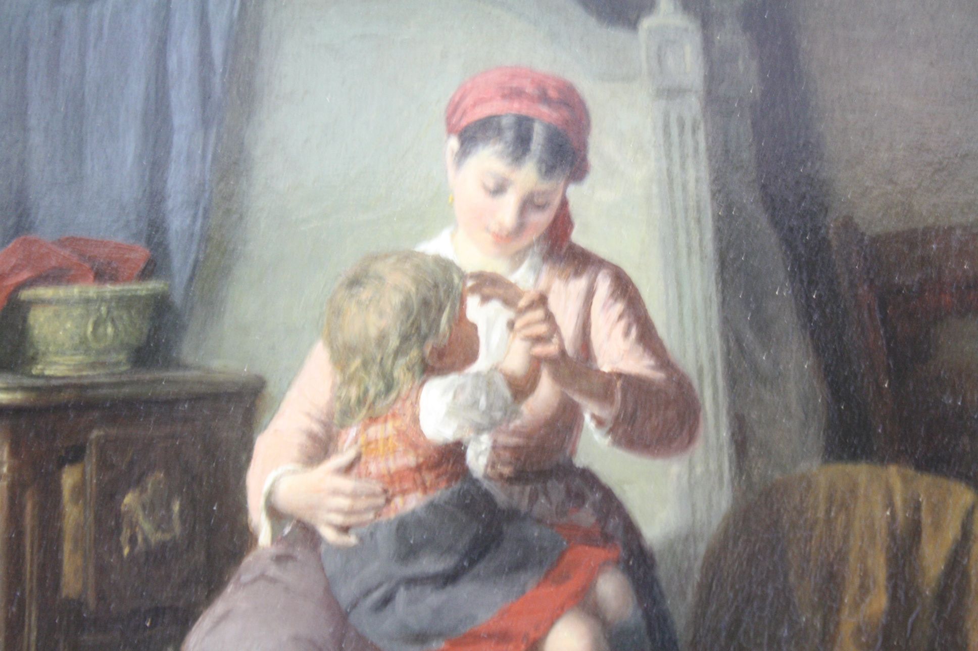 Paul Seignac (1826-1904) Interior of young girl with child on her lamp in bedroom, Signed, approx - Image 3 of 4