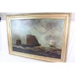 19th Century English School, Fishing boat with three masted sailing boat, Oil on canvas, approx 75 x