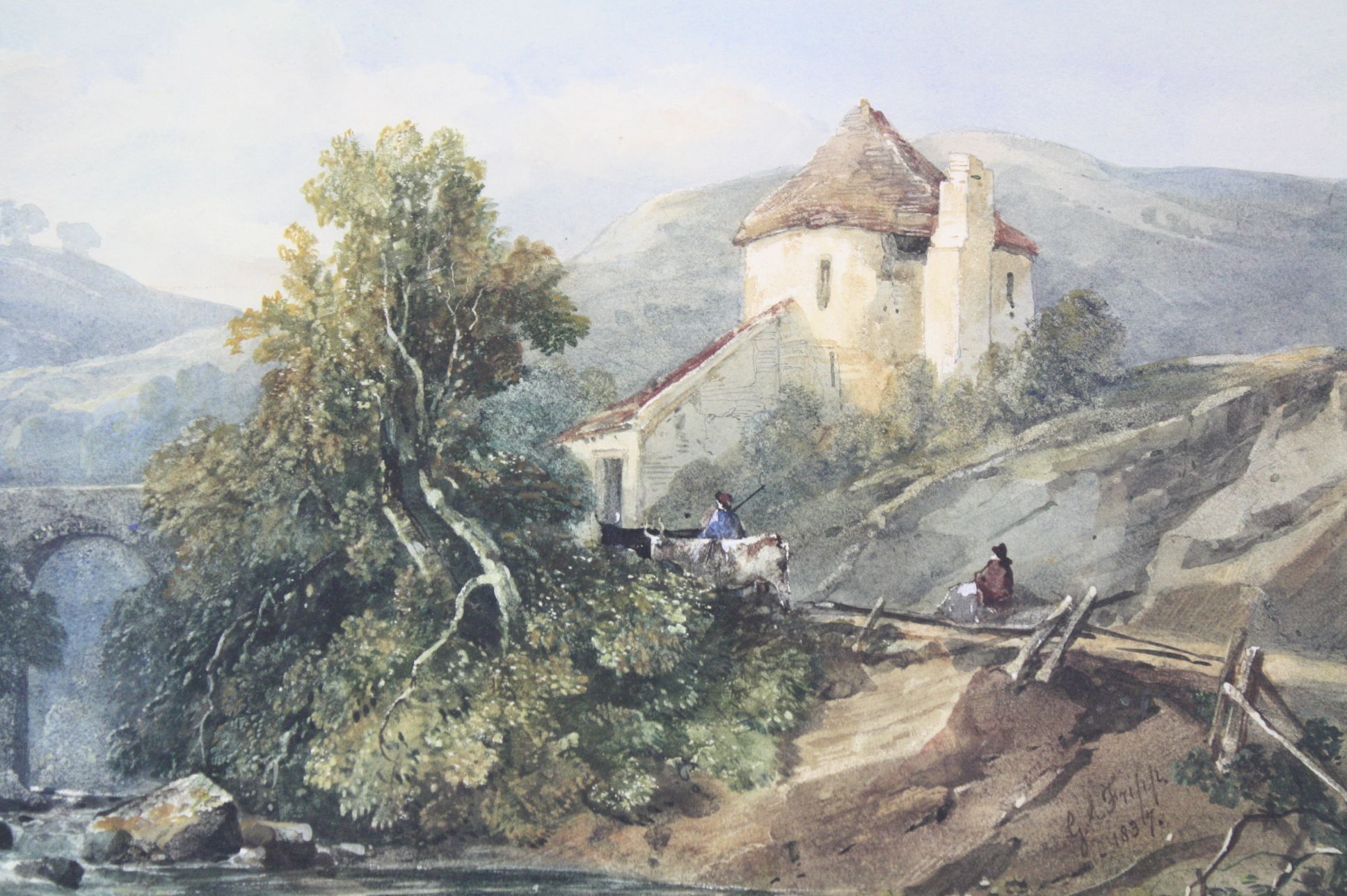 George Arthur Fripp (1813-1896) Dinas Bridge, Vale of Neath, South Wales, Watercolour, Signed and - Image 3 of 6