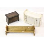 A vintage painted wall cupboard, a pine book trough and an oak box stool