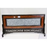 Chinese Wooden Framed Slate Panel depicting 9 Four Toed Dragons, held on a Wooden Lacquered Stand,