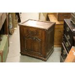 Late 19th / Early 20th century Oak Lidded Log Box with Carved Front Panel, 56cms wide x 62cms high