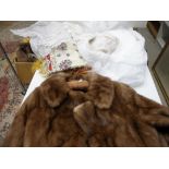 Vintage Fur Ladies Short Jacket together with an Embroidered Tablecloth, another Tablecloth, Lace
