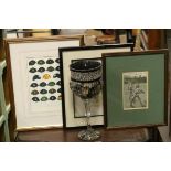 Six Cricket Themed Framed and Glazed Prints including Humorous together with a Large Glass