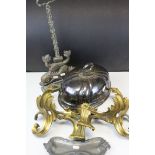 Pair of Gilt Brass Scrolling Brackets, 29cms high together with Brass ' Dolphin ' Doorstop, Silver