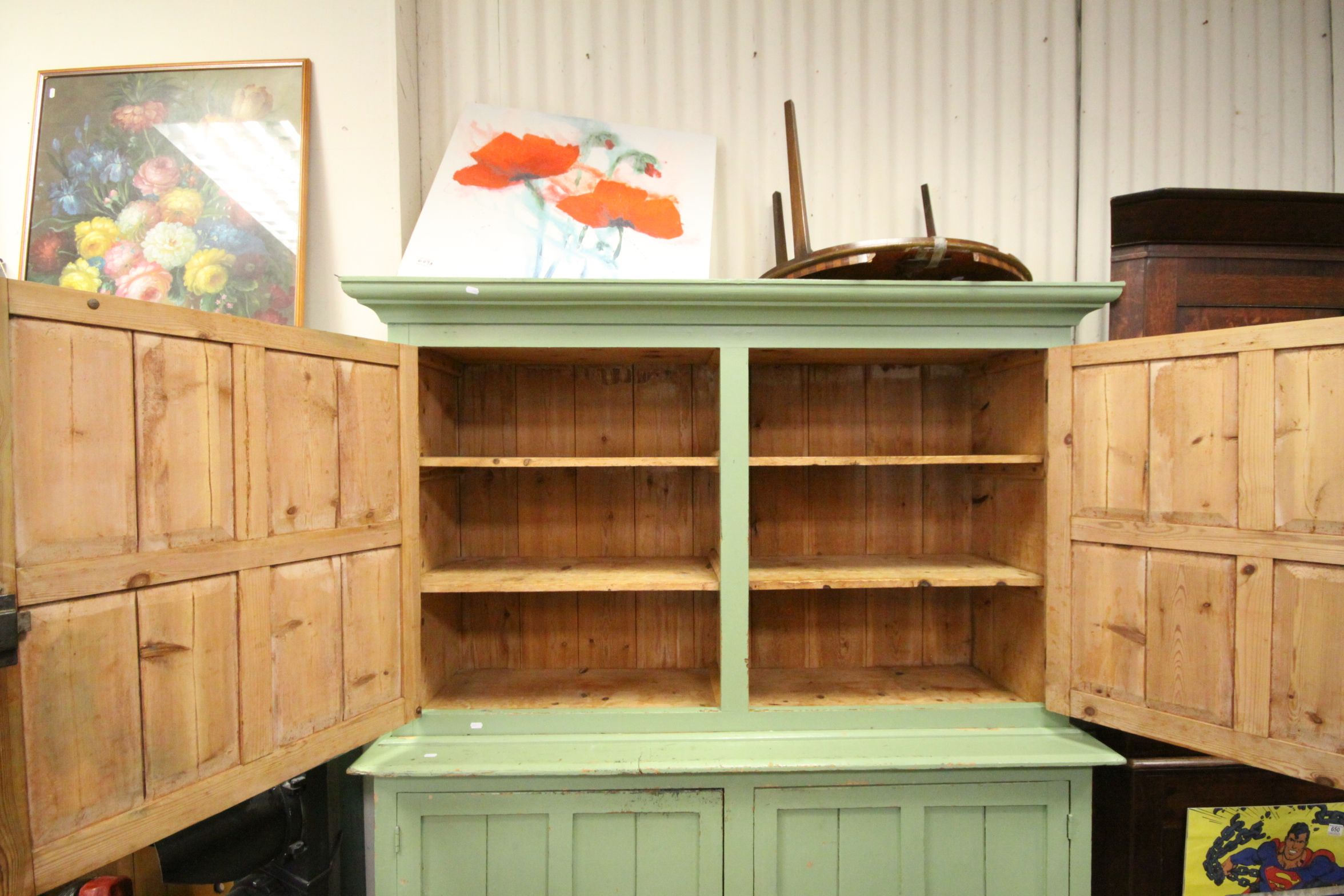 19th century Painted Pine Housekeeper's Cupboard, the four panel doors each opening to reveal - Image 3 of 3