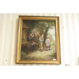 An antique oil on canvas, relined, two children talking to an elderly gent, indistinctly signed , 53