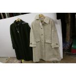 Vintage Burberrys' oversized green wool long coat with hood, buckled sleeves, pockets, tartan lining