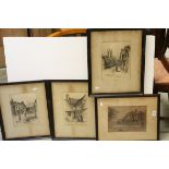 Four Late 19th century Edward Burrow Etchings including ' The Museum Block ' and Three relating to
