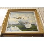 Norman Hoad oil on canvas Lancasters bombers in flight signed titled verso Lancaster Gaggle 51 x 61.