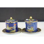 Pair of Carltonware Blue Chinoiserie Preserve Jars with Lids and Stands decorated with Pagodas,