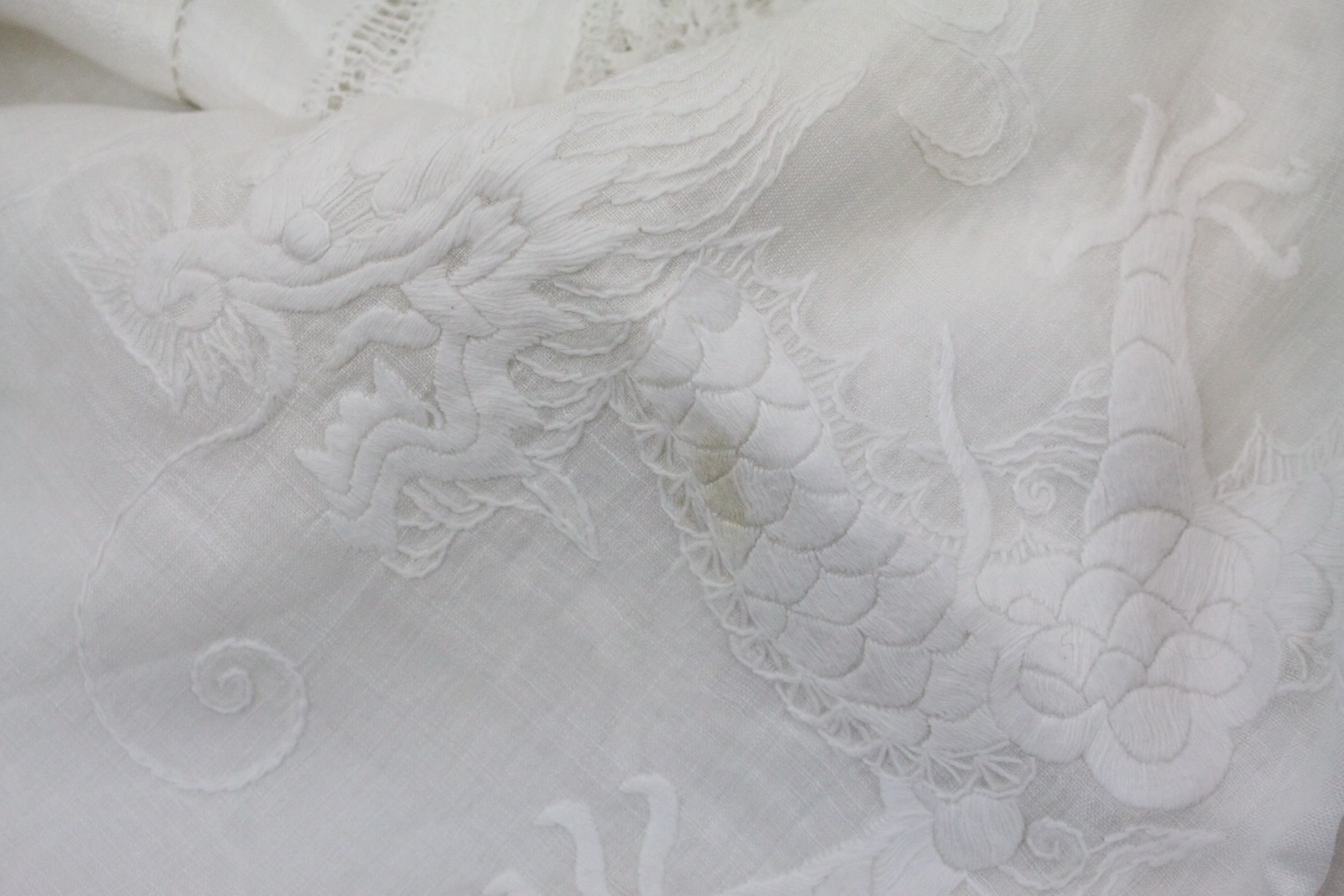 Pair of late 19th century/ early 20th century lace tablecloth, embroidered five toed dragon - Image 5 of 5