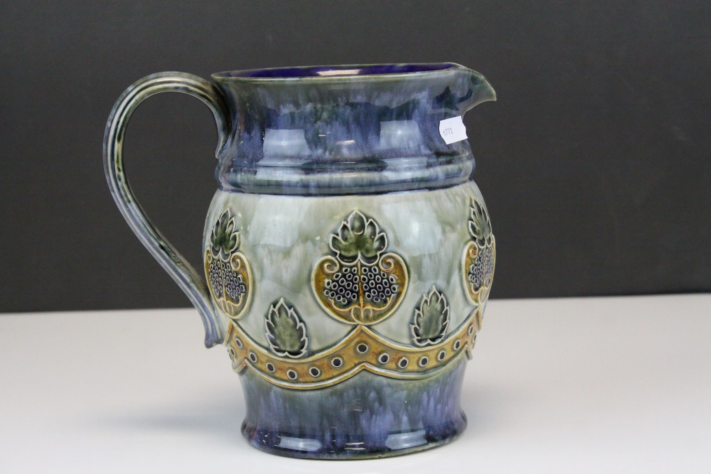 Royal Doulton Stoneware Jug with Tube-line decoration in mottled blue and greens, impressed marks