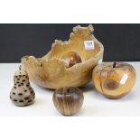 Burr Wood Fruit Bowl containing Six Carved Wooden Fruits, 22cms diameter