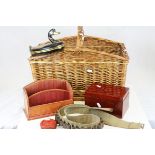 Wicker Basket containing a collection of items including Stationery Rack, Lacquered Box, Cinnabar