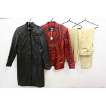 Michael Hoban snakes skin effect red leather jacket, an Arms trench coat style black leather coat,