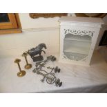 Mixed Lot including White Wall Hanging Display Cabinet, Pair of Brass Candlesticks, Pewter Tang