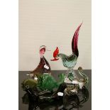 A group of glass animal figures to include a Murano style cockerel, duck, geese, swallows and two