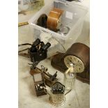 A box of sundries to include binoculars, mantel clock, bottle stand etc.