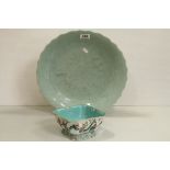 Large Celadon bowl with Character Marks and paper label to underside together with a Famille Rose