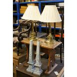 Pair of Brass Table Lamps with Shades together with a Pair of Faux Marble Obelisk Table Lamps (not