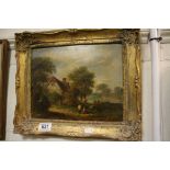 A 19th century gilt framed oil on board in the manner of Naysmith figures by a rural cottage. 23 x