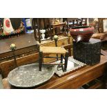 Victorian Lacquered Box, Lacquered Bowl, Bone Inlaid Mirror, String Top Footstool and a Wooden Bowl