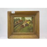 Naive Late 19th / Early 20th century Oil on Canvas depicting a Farm Scene, 20cms x 25cms, gilt