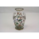 An earlty 20th centiury two handled glass vase of classical form decorated with birds