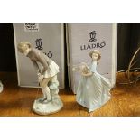 Two boxed Lladro figures - Lady Golfer and Girl with basket.