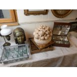 Mixed Lot including a Terracotta Model of Fruits in a Basket, Chess Board and Pieces, Wooden Box,