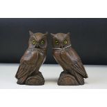 Pair of Wood Effect Owls with Glass Eyes, 16cms high