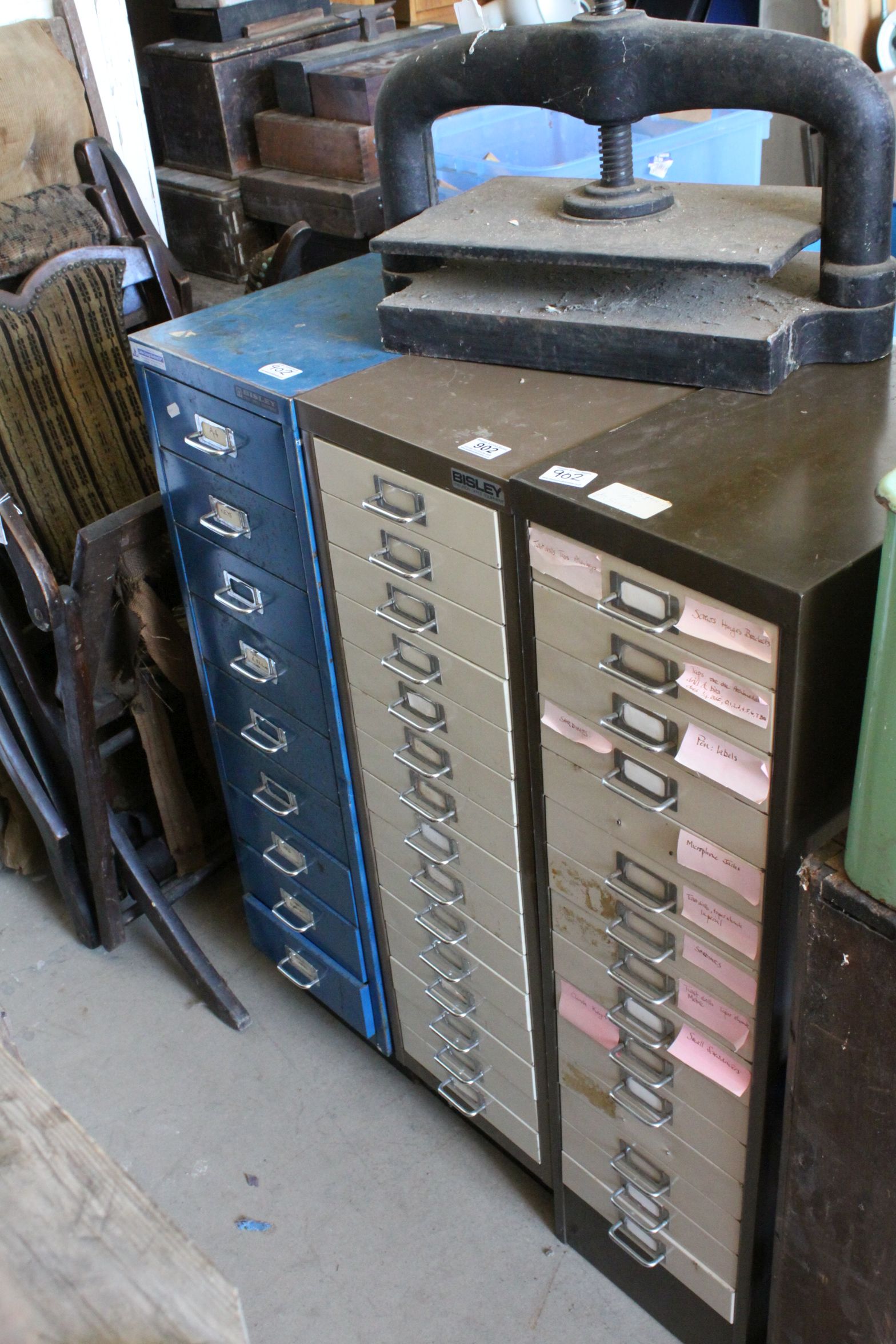 Two Bisley and one other Metal Multi-Drawer Cabinets, each 27cms wide x 95cms high