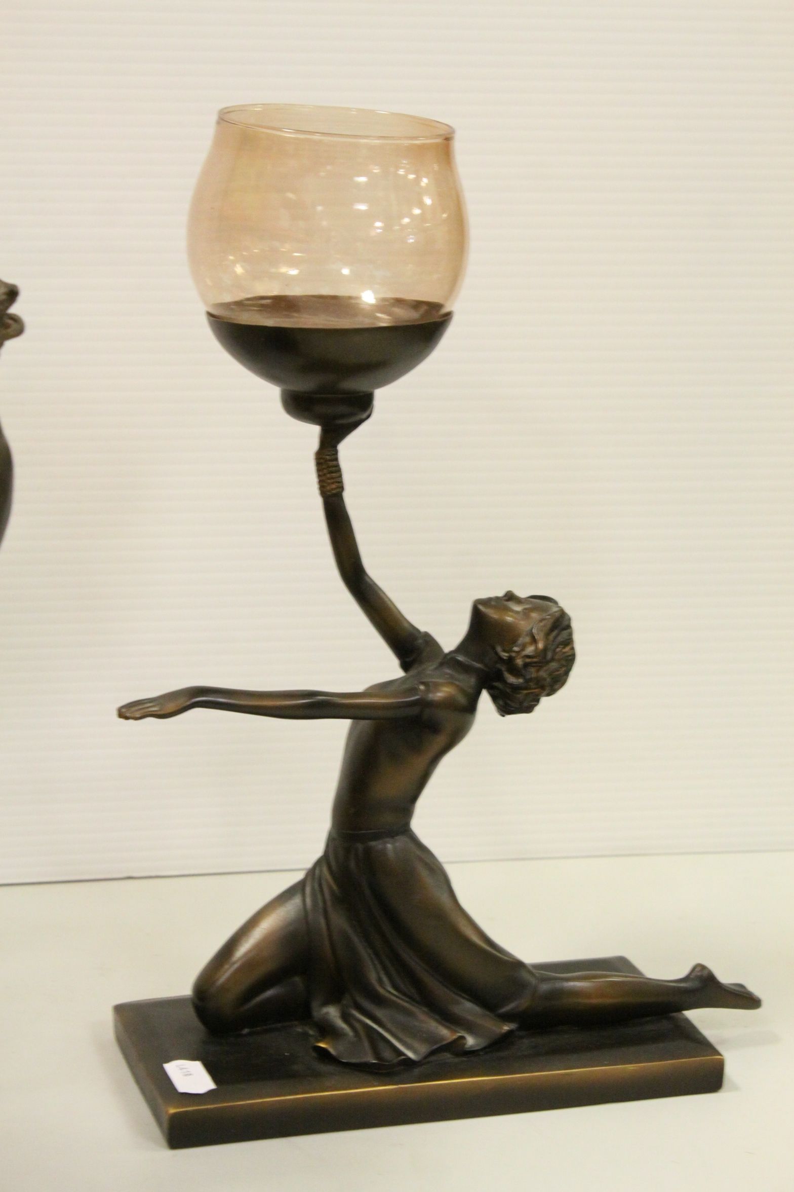 A trio of Art Deco style resin candle stands in the form of ladies together with a cut glass - Image 4 of 6