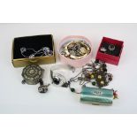 A box of mixed vintage costume jewellery together with a white metal trinket box.