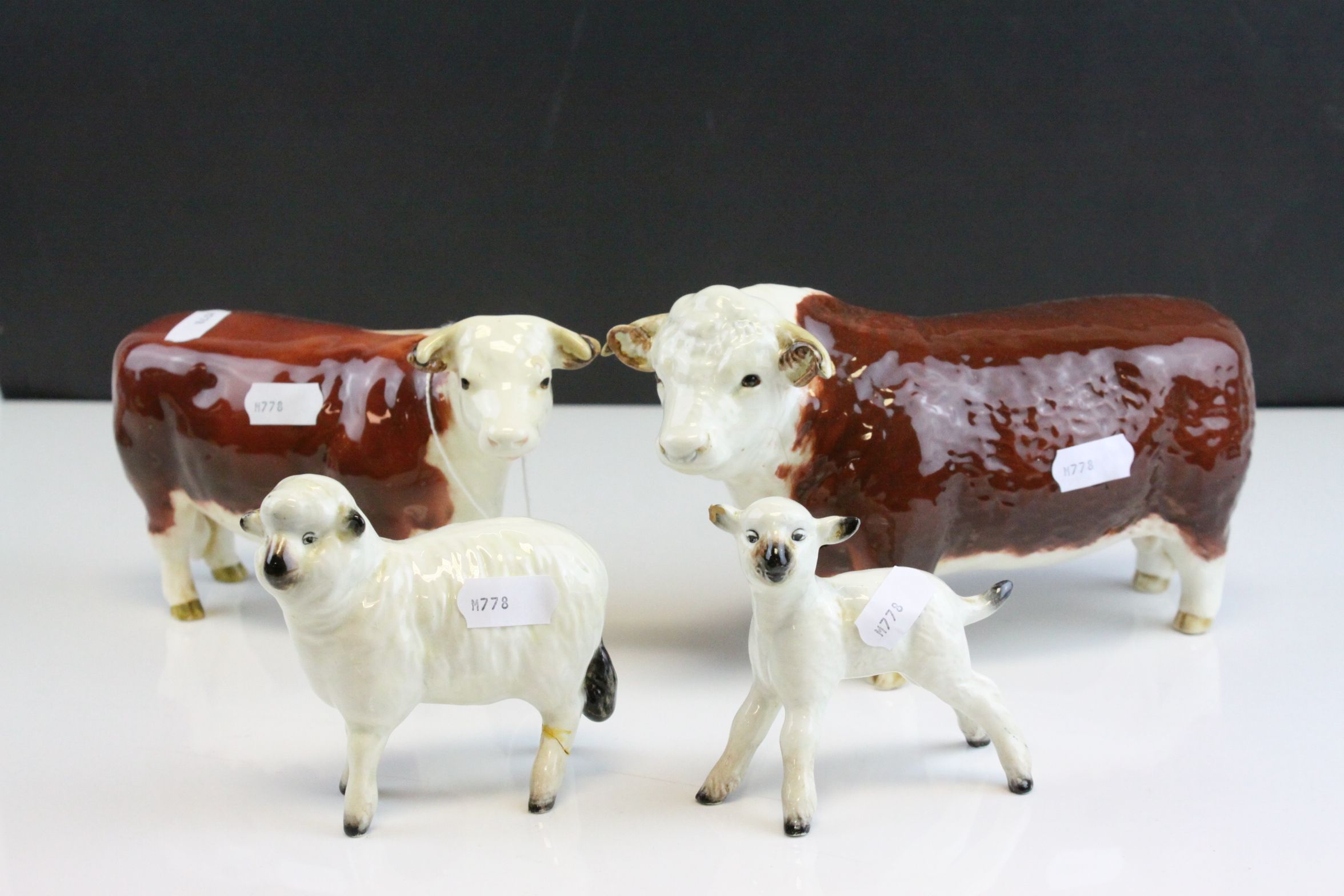 Beswick Hereford Bull (a/f), Beswick Hereford Cow and a Beswick Sheep and Lamb (both a/f)