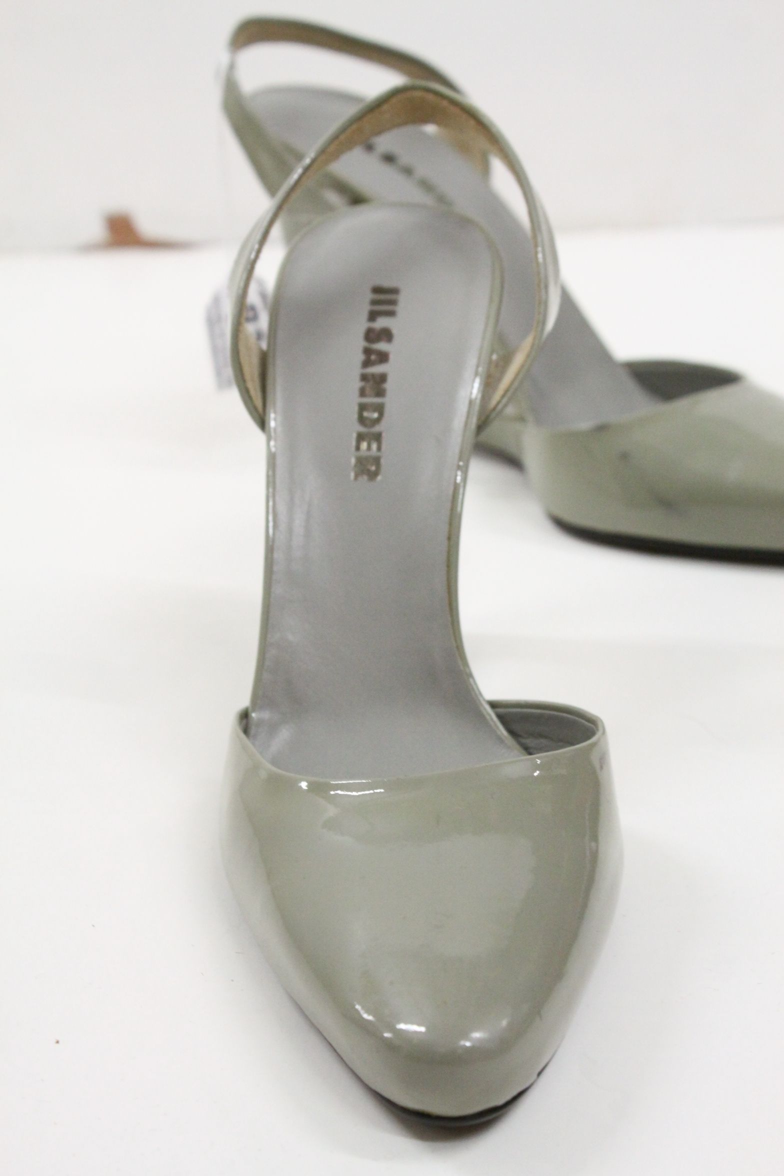 Pair of Jill Sander patent leather green-grey sling back shoes, elongated rounded toe, sculptural - Image 2 of 3