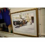 Mixed Media Contemporary Street Scene with Horse and Carriage, indistinctly signed and dated 2000,