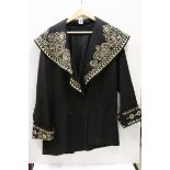 Vintage black wool opera jacket, shawl collar with gold bead, black bead and gold embroidered