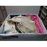 Box of Mixed Linen including Tablecloths, Table Mats together with Silk Scarf, etc