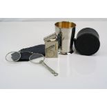 A small selection of collectables to include a collapsible stirrup cup, a twin lense longuette and a