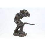 Carved Wood Figure of ' Chouan au Guet ' holding a Scythe, signed Jul Martin, 35cms high